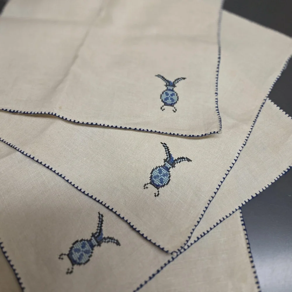 Linen Embroidered Pomegranate Beetle Napkins Set Of 8 Beige Blue Border Table
